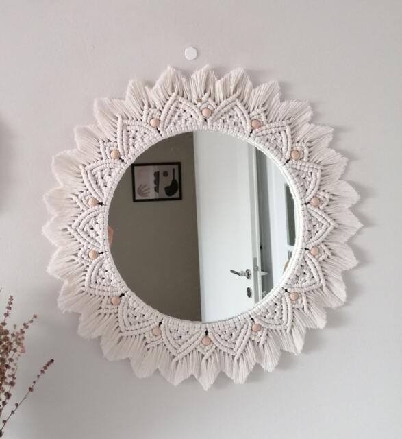 Macrame Wall Hanging Mirror , Bead Boho Chic Art Bohemian Headboard Living Room Decor Round Mirror, Fast Shipping - image 1