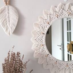 Macrame Wall Hanging Mirror , Bead Boho Chic Art Bohemian Headboard Living Room Decor Round Mirror, Fast Shipping - thumbnail 2