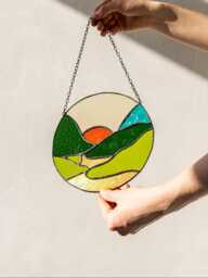 stain Glass Suncatcher Picture Mountains Hill Landscape Home Decor For Window Wall Cling Nature Gift For Mothers Day House Sunrise, Sunset - thumbnail 1