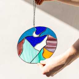stain Glass Suncatcher Picture Mountains Hill Landscape Home Decor For Window Wall Cling Nature Gift For Mothers Day House Sunrise, Sunset - thumbnail 3