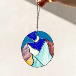 stain Glass Suncatcher Picture Mountains Hill Landscape Home Decor For Window Wall Cling Nature Gift For Mothers Day House Sunrise, Sunset - thumbnail 2