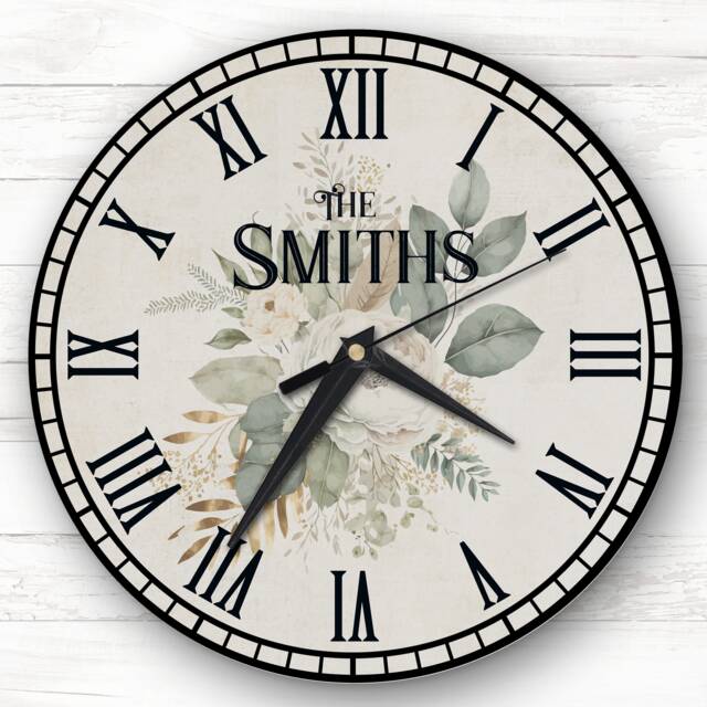 Retro Vintage Floral Sage Green Family Name Personalised Gift Clock - image 1