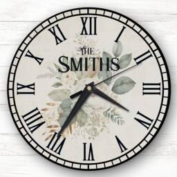 Retro Vintage Floral Sage Green Family Name Personalised Gift Clock