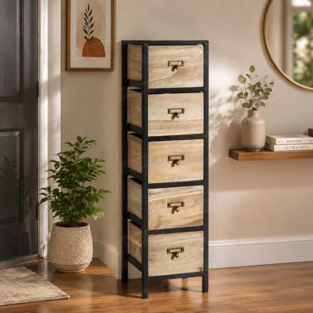 Chest 5 Drawers Tall Storage Unit Rustic Brown Metal Legs Home - image 1