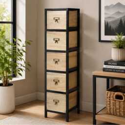 Chest 5 Drawers Tall Storage Unit Rustic Brown Metal Legs Home - thumbnail 2