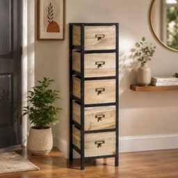 Chest 5 Drawers Tall Storage Unit Rustic Brown Metal Legs Home - thumbnail 1