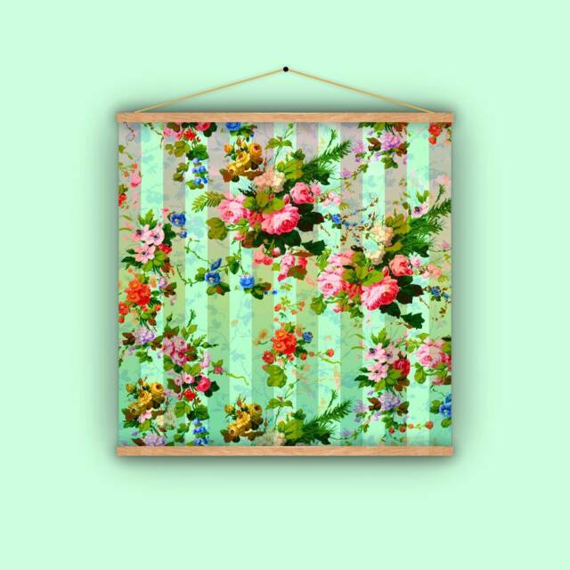 Wall Hanging, Vintage, Antique Wallpaper, France, French Stripes, Chinoiserie, Floral, Flower Garden, Gift For Her, Roses - image 1