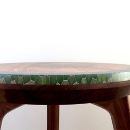 Bespoke Mid-Century Modern Wood American Black Walnut Side Table With Hexagon Honeycomb Green Resin Inlay - thumbnail 3