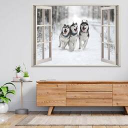 Siberian Husky Dog Running in Snow 3D Window View Wall Sticker Poster Decal A95 - thumbnail 1