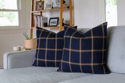 Navy & Gold Plaid Wool Pillow Cover, Dark Blue Yellow Cover - Made To Order