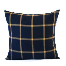 Navy & Gold Plaid Wool Pillow Cover, Dark Blue Yellow Cover - Made To Order - thumbnail 2