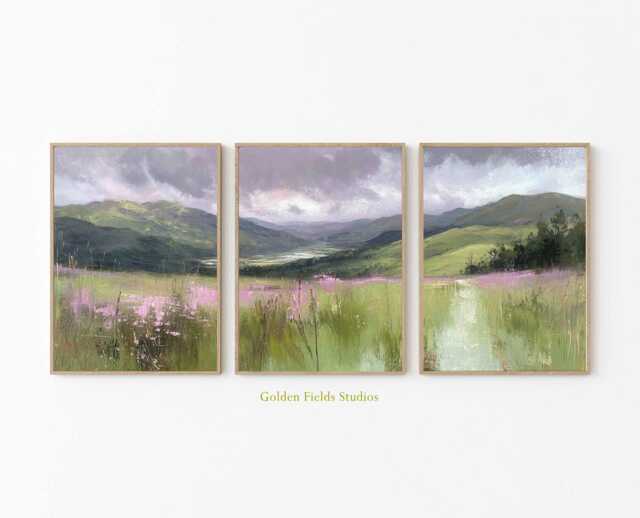 Mountain Valley Landscape Print Set Green Purple Triptych Wall Art - image 1