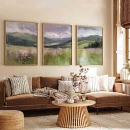 Mountain Valley Landscape Print Set Green Purple Triptych Wall Art - thumbnail 3