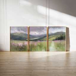 Mountain Valley Landscape Print Set Green Purple Triptych Wall Art - thumbnail 2