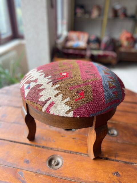Vintage Kilim Ottoman Pouf, Beech Wood Foot Rest - image 1