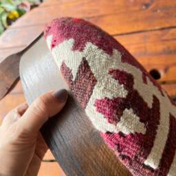 Vintage Kilim Ottoman Pouf, Beech Wood Foot Rest - thumbnail 4