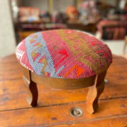 Vintage Kilim Ottoman Pouf, Beech Wood Foot Rest - thumbnail 2