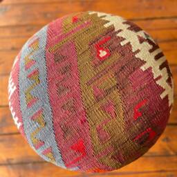 Vintage Kilim Ottoman Pouf, Beech Wood Foot Rest - thumbnail 3