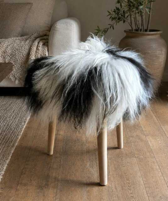 Icelandic Sheepskin Stool, Long Fur Seat, Wooden 3 Leg Natural Black & White Footstool, Handmade Dressing Stool - image 1