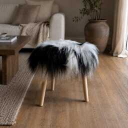 Icelandic Sheepskin Stool, Long Fur Seat, Wooden 3 Leg Natural Black & White Footstool, Handmade Dressing Stool - thumbnail 3