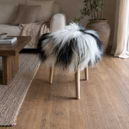 Icelandic Sheepskin Stool, Long Fur Seat, Wooden 3 Leg Natural Black & White Footstool, Handmade Dressing Stool - thumbnail 2