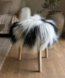 Icelandic Sheepskin Stool, Long Fur Seat, Wooden 3 Leg Natural Black & White Footstool, Handmade Dressing Stool - thumbnail 1