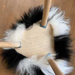 Icelandic Sheepskin Stool, Long Fur Seat, Wooden 3 Leg Natural Black & White Footstool, Handmade Dressing Stool - thumbnail 4