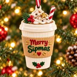 Merry Sipmas Coffee Cup Christmas Ornament 3D, Festive Hot Cocoa Latte Drink Tree Decoration, Unique Holiday Gift For Lover