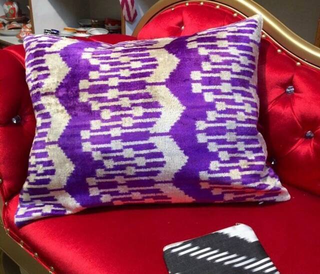 Purple Ikat Velvet Pillow Handwoven Silk Lumbar Cushion - image 1