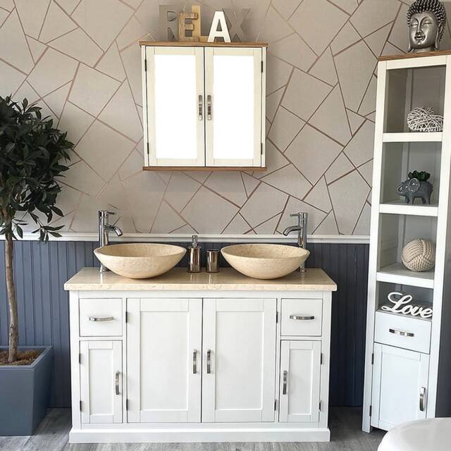 Off White Painted Bathroom Single Vanity Unit 123cm Wide With Cream Marble Top & Basin Set 402Pcm25cmx2 - image 1