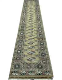 2.6x13 Beige Color Bokhara Rug - Runner Hallway Luxury Long Fine Quality Green Afghan - thumbnail 1