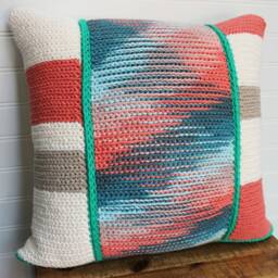 Crochet Throw Pillow/Cotton/Pattern, Green, Coral, Turquoise, Cream/16x16, Decorative Accent Pillow - thumbnail 2