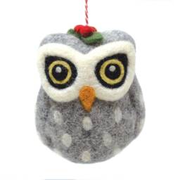 Hand Felted Wool Owl Christmas Ornament - Fair Trade Grey Bauble - thumbnail 2