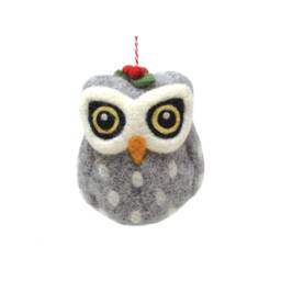 Hand Felted Wool Owl Christmas Ornament - Fair Trade Grey Bauble