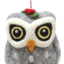Hand Felted Wool Owl Christmas Ornament - Fair Trade Grey Bauble - thumbnail 3