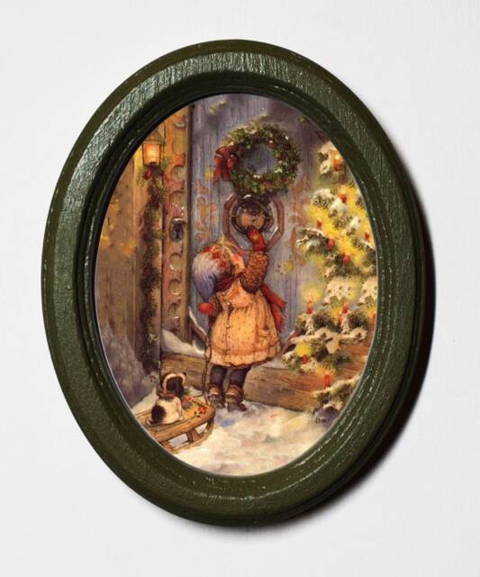 Olive Green Oval Wooden Framed Picture, Wall Hanging, Home Decor, Christmas Visitor - image 1