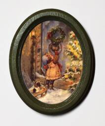 Olive Green Oval Wooden Framed Picture, Wall Hanging, Home Decor, Christmas Visitor - thumbnail 1
