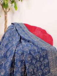 Kantha Stitch Pure Cotton Reversible Bed/Sofa Throw King Size Handmade Dohar Indigo Blue White Tree Of Life Pattern - Country Home Hygge - thumbnail 1