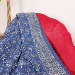 Kantha Stitch Pure Cotton Reversible Bed/Sofa Throw King Size Handmade Dohar Indigo Blue White Tree Of Life Pattern - Country Home Hygge - thumbnail 2