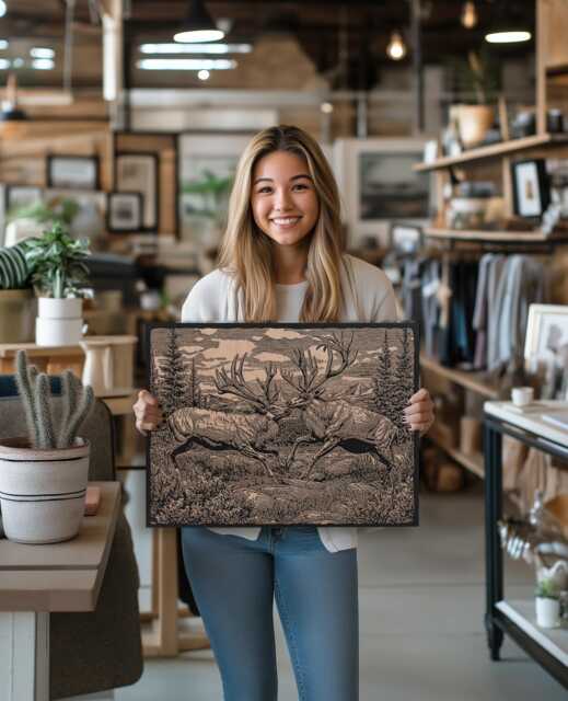 Sparring Elk Wall Art - Nature Inspired Engraved Wood Lithograph Illustration, Large Painting, Alaska Wildlife Camp Print - image 1