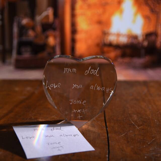 Hand Engraved Crystal Heart Ornament Personalised Handwriting Keepsake - image 1