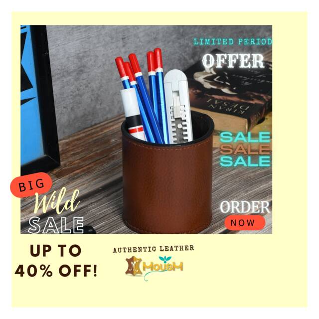 Solid Brown Leather Pen Holder Handcrafted Desk Organizer - image 1