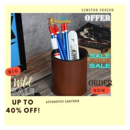 Solid Brown Leather Pen Holder Handcrafted Desk Organizer - thumbnail 2