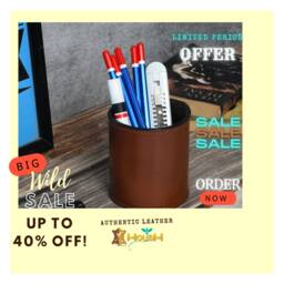 Solid Brown Leather Pen Holder Handcrafted Desk Organizer - thumbnail 1