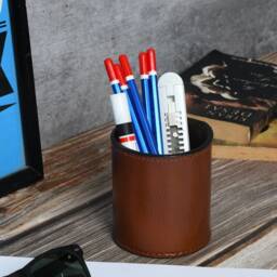Solid Brown Leather Pen Holder Handcrafted Desk Organizer - thumbnail 3