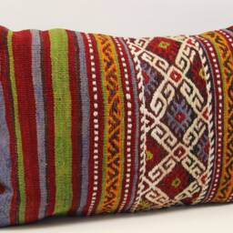 Turkish Kilim Pillow Cover - 16x24 Inch Handmade Wool Cotton Lumbar Cushion - thumbnail 2