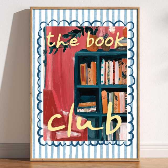 The Book Club Print, Artsy Hand Painted Cosy Reading Nook Wall Art, Retro Stripes, Bookish Gift, Aesthetic Library Room, Trendy - image 1