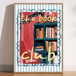 The Book Club Print, Artsy Hand Painted Cosy Reading Nook Wall Art, Retro Stripes, Bookish Gift, Aesthetic Library Room, Trendy - thumbnail 1