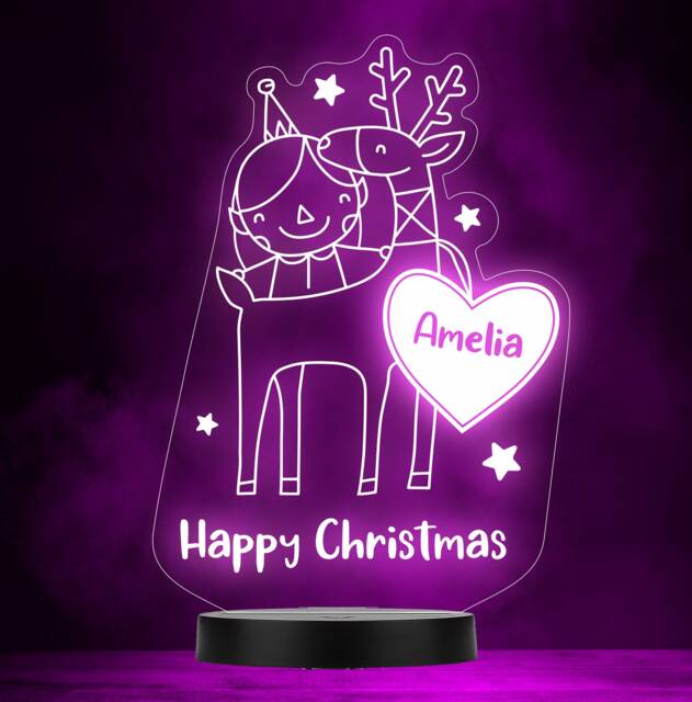 Reindeer Happy Christmas Personalised Gift Colour Change Led Lamp Night Light - image 1