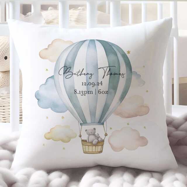 Personalised Cushion Cover, Baby Room Cushion, Boys New Gift, Hot Air Balloon Stats - image 1